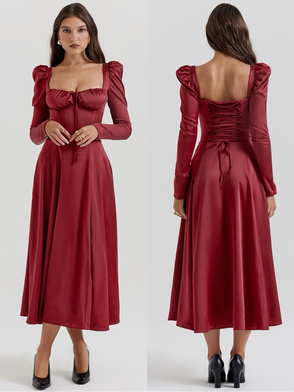 House of CB Sebille Ruby Red Satin Corset Midi Dress L Regular Cup